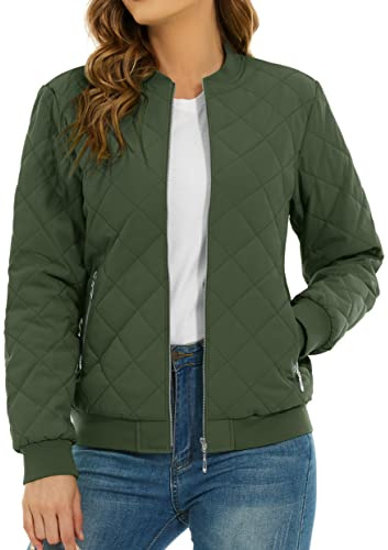 TACVASEN Bomber Jacket for Women Winter Puffer Bomber Blouson Warm Quilted Jacket Casual Work Jackets with Zip Pockets,Army Green,XL