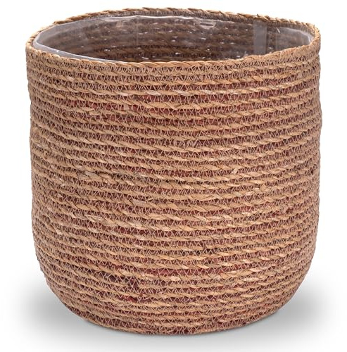 Decorasian Seegras Blumentopf – Übertopf geflochten – dekorativer Planzenkorb mit Folieneinsatz im Boho Stil - Natur/rot, 30cm