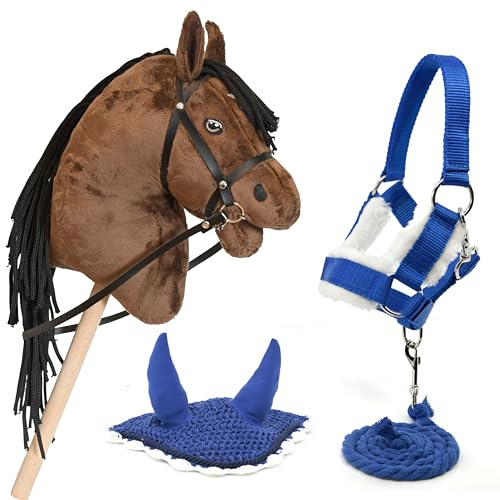 Hobby Horse Marron avec bridon + Licol moumoute + Longe + Bonnet Bleu. Cheval bâton avec Accessoires Bleus