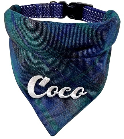 Hundehalstuch mit Hundehalsband Verstellbar mit Namen bestickt Schotten Karo 6 Farben dog bandana (Marine/grün)
