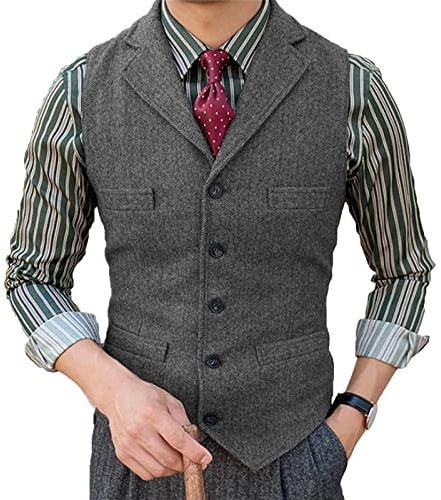 Tuikayoo Herrenanzug Weste Slim Fit Wollkleid Weste Tweed Herringbone für Trauzeugen（Grau，L）