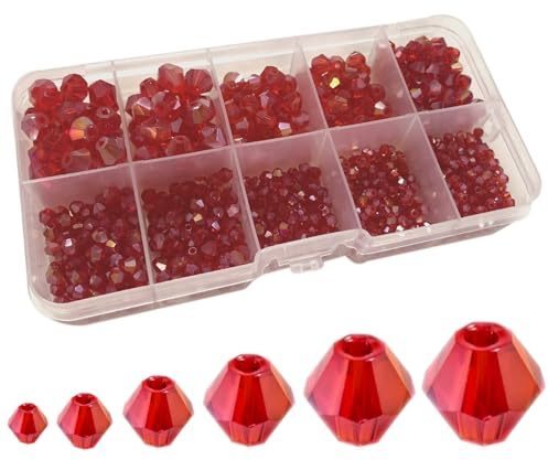 FAPUMOE Red Crystal Bicone Faceted Glass Beads(900 Pieces, 2/3/4/5/6/8mm), Rondelle Beads with AB Color Assorted Spacer Loose Beads for Crafts Jewelry Making Necklace Bracelet Earrings