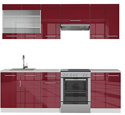 Vicco Küchenzeile Fame-Line, Bordeaux Hochglanz/Weiß, 240 cm, AP Marmor