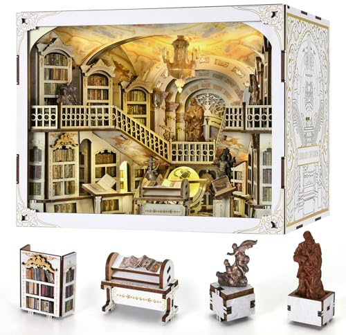 MiniCity Book Nook Kit, DIY Miniatur Puppenhaus Booknook Kit, 3D Holz Puzzle Buchstütze Bücherregal einfügen Dekor für Jugendliche und Erwachsene(Library of Gods Max) | Bibliothek der Götter zum Selberbauen: 314 Teile, LED, Staubschutz, Kleber und Werkzeug; DIY-Projekt 6–8 Std., ab 14 Jahren.