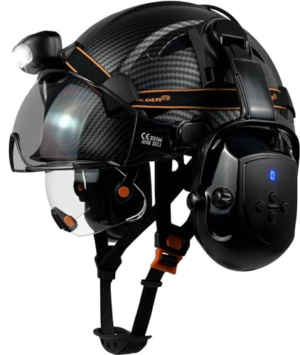 SAFEBUILDER Hard Helmets with Bluetooth Earmuffs, Safety Helmet with Vented Visor, Adjustable, Forestry Construction, ANSI (MTBK+CSV+BTE+SL05-E)