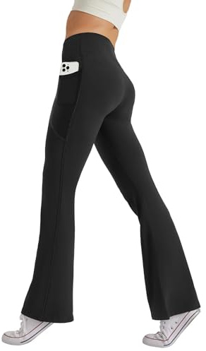 Glacspyg Yogabyxor för kvinnor med fickor fritid joggingbyxor hög midja sportbyxor elastiska breda bootcut jazzbyxor, Svart, M