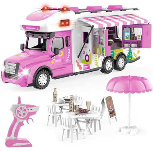 fisca Ferngesteuertes Auto, Rosa RC Camping Auto Spielzeug für Kinder Mädchen Geburtstag Weihnachten Geschenke mit Licht & Sound, Ferngesteuerter Food Truck, Kreatives Camper Spielzeug mit Mini Möbeln