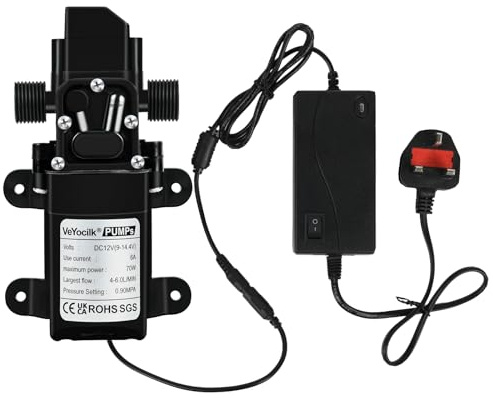 DC 12V Diaphragm Pump,1GPM 4L/Min Water Pump G1/2 20mm with Power Supply | Self Priming Pump with UK Plug Power Supply Adaptor for Water Tap,Campervan,Kitchen,Bathroom,Water Tank