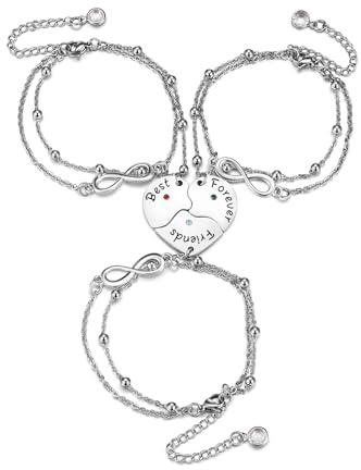 Jovivi Pulsera de mejor amiga, regalo para mujeres y niñas, pulseras de amistad para 3, pulseras de corazón infinito para mejores amigas, regalos de cumpleaños y Navidad para mujeres, 13 cm, Acero