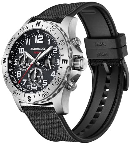 Lixada Solarbetriebene North Edge-Uhr für Herren - Outdoor-Chronograph aus Edelstahl, 180 Tage Gangreserve, Piloten-inspiriert