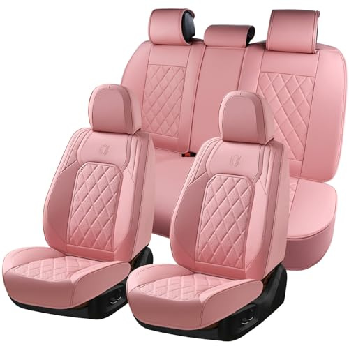 Coverado Car Seat Covers Full Set, Pink Leather Seat Covers for Cars, Universal Waterproof Car Seat Cover, Luxury Front and Back Car Seat Protector, Automotive Seat Covers Fit for Most Cars, Pink