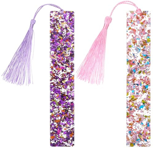 Piriuuo 2 Stück Lesezeichen aus Kunstharz, Glitzernde Lesezeichen mit Quaste aus Kunstharz Lesezeichen Personalisiert mit Quaste Geschenke für Frauen und Mädchen, Kinderbuchliebhaber (Lila + Pink)