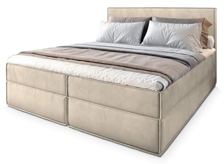 Masseno Boxspringbett PELLIO 180x200 cm Komplett-Set mit Matratze und Topper, Polsterbett mit Zwei Bettkästen -Creme, Monolith 04
