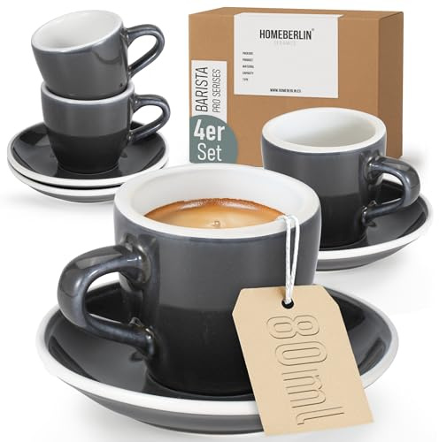 HOMEBERLIN® Barista Pro Espressotassen Set - 4x 80ml Espresso Tassen Set - Premium Espressotassen dickwandig aus hochwertigem Steingut inkl. Untertassen - 100% Handfertigung - Espresso Cups
