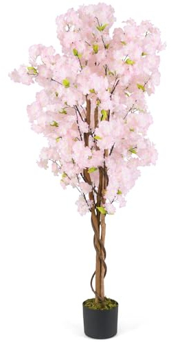 COSTWAY Lot de 2 Plantes Artificielles en Pot Pépinière 150CM avec 972 Fleurs Roses, Fausse Cerisier avec Troncs en Bois Véritable, Décoration Moderne pour Salon Balcon Bureau