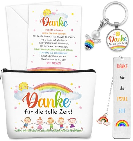 5er Set Erzieherin Geschenk, mit Regenbögen Kosmetiktasche Schlüsselanhänger Lesezeichen Glückwunschkarte, Abschiedsgeschenk Erzieherin