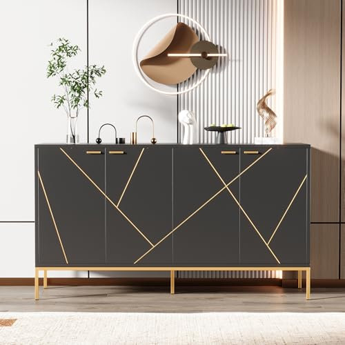 Kebnor Sideboard mit Vier Türen, Metallfüßen, TV-Schrank, Kleiderschrank, geradliniges Design mit Metalllinien-Dekor, Schwarz+Golden, Maße: H 80cm / B 150 cm/T 40 cm