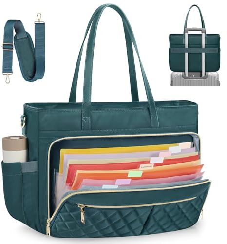 RAINSMORE Teacher Tote Bag 15.6 Inch Laptop Bag for Women Work Bag with Accordion File Organizer Pocket & Insulated Pocket Nurse Bag College Laptop Tote Bag for Women Computer Briefcase Work Tote
