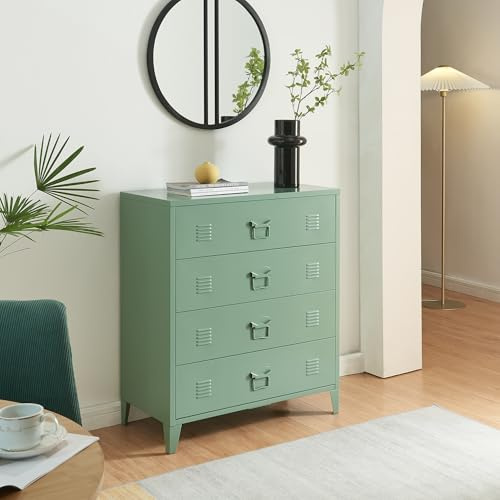 [en.casa] Kommode Hämeenlinna Metallschrank mit 4 Schubladen Mehrzweckschrank Stahl Wohnzimmer Büro Industrial Aktenschrank 80 x 40 x 92 cm Mattgrün