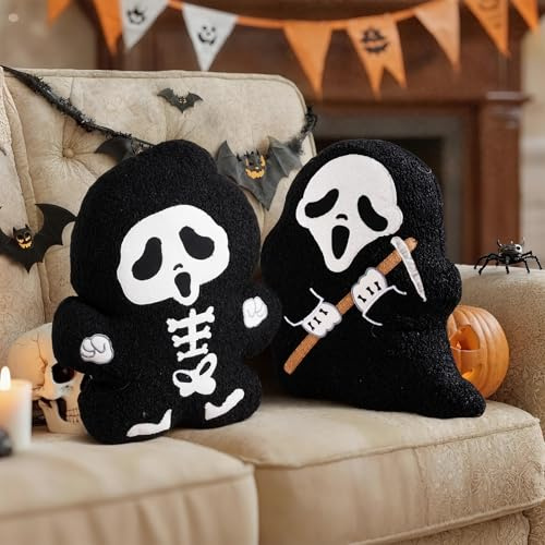 Lanpn 2 Pcs Halloween Ghost Throw Pillow, Happy Fun Cute Plush Scream Ghostface Pillow Decorative Soft Plush Cushion for Gift Party Home Sofa Couch Bed Indoor Halloween Decor (Black, 13 x 16 inch)