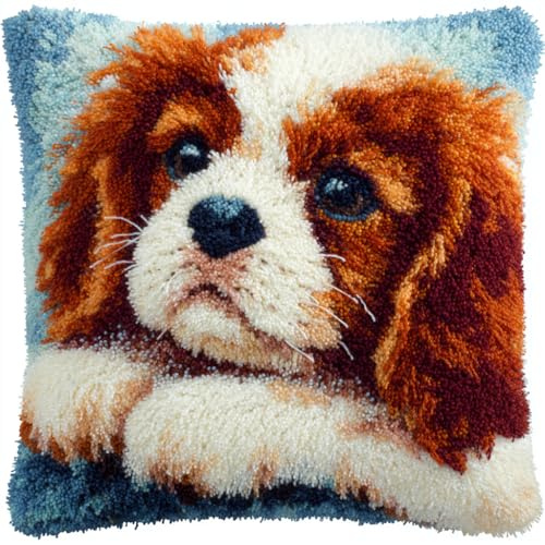 Kit de Tapisserie à Crochets 43x43 cm,Cavalier King Charles Spaniel,Housse de Coussin DIY avec Tissu Pré-imprimé,Facile pour Adultes et Débutants,Décoration de Canapé Intérieure Toutes Saisons