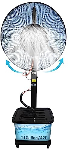 Ventilador de pie con oscilación de 90°, 3 ajustes de velocidad, tanque grande de 11 galones para refrigeración industrial al aire libre