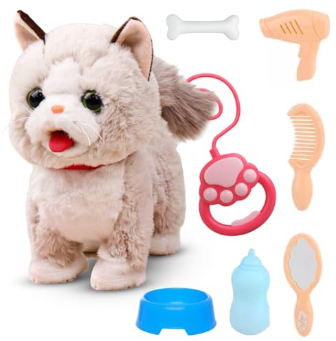 Fouvin Jouet chat interactif pour enfants, chat qui coure et aboie avec télécommande, laisse, chanter, parler, boue, parler de langue, marcher, miaule, queue de Wedelnab 2, 3, 4, 5 ans (A)