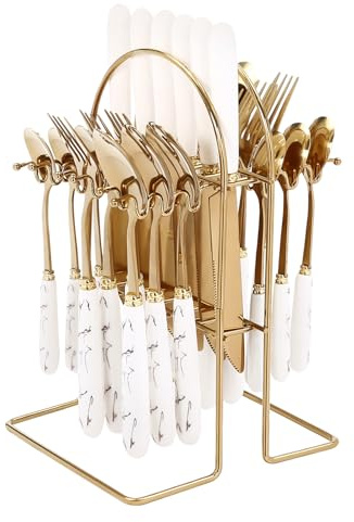 24 Piece Gold Cutlery Set 420 Stainless Steel 6 Place Settings Blue Ceramic Handle Knife Fork Spoon Coffee Spoon Set Formal Dinnerware Hygienic Stand UK​ (Golden White)