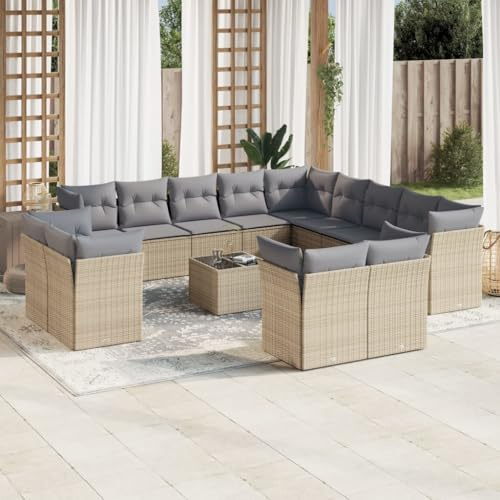 Holamys Ensemble canapé de jardin 14 pièces avec coussins beige - Meubles d'extérieur en rotin synthétique pour terrasse et balcon - Groupe de sièges modulaires - Résistant aux UV - Facile d'entretien
