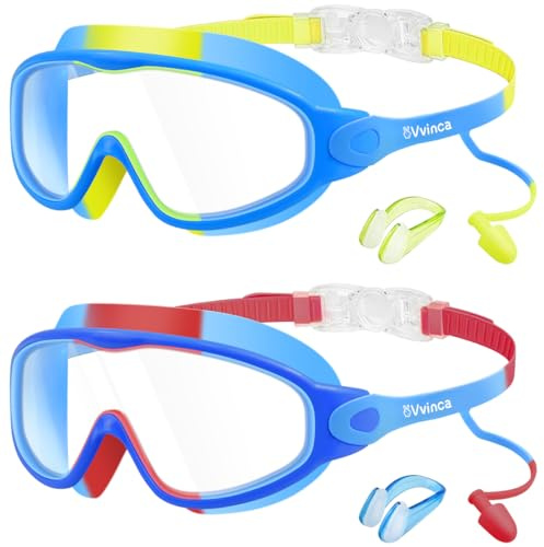 Vvinca Schwimmbrille Kinder mit Nose Clips, Taucherbrille Kinder für 3-14 Jahre Jungen Mädchen, Weitwinkel Anti-Beschlag/UV Schutz Wasserdichte Swimming Goggles Kids