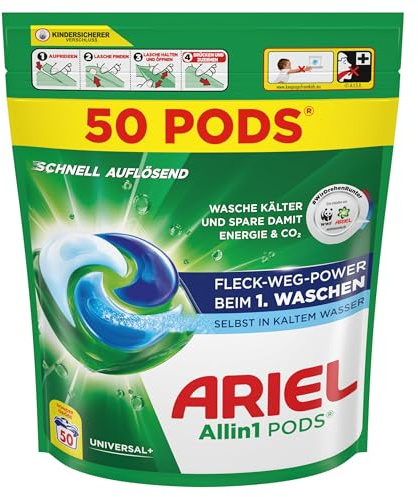 Ariel Allin1 PODS Liquid Detergent Capsules 50 Washes, Universal+, Stain Away Power from the First Wash, Even in Cold Water