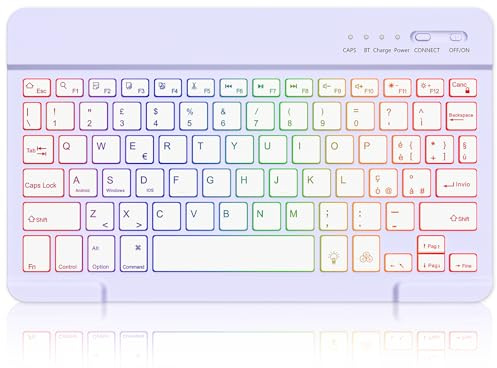 MMK Tastiera Bluetooth per iOS, Android, Windows, Layout Italiano QWERTY | Tasti Silenzioso, Tastiera Wireless Retroilluminata Ricaricabile per iPad, iPhone, Samsung, Lenovo, Huawei etc., Viola