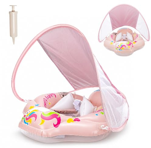 Yunlaishaocer Salvagente Neonato con Parasole, Baby Float Gonfiabile con Sedile di Sicurezza e Pompa ad Aria, Protezione UV UPF50+ Salvagente Gonfiabile per Bambini per Bambini (3 a 12 Mesi S)