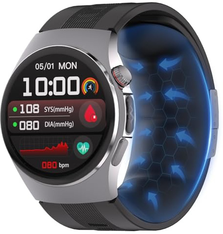 iSo Tech Smartwatch män med blodtrycksmätning EKG, 1,56 tum AMOLED smart klocka hälsoklocka med krockkudde, puls SPO2 sömn HRV stressmonitor, samtal och meddelandemeddelanden, ingen ABO