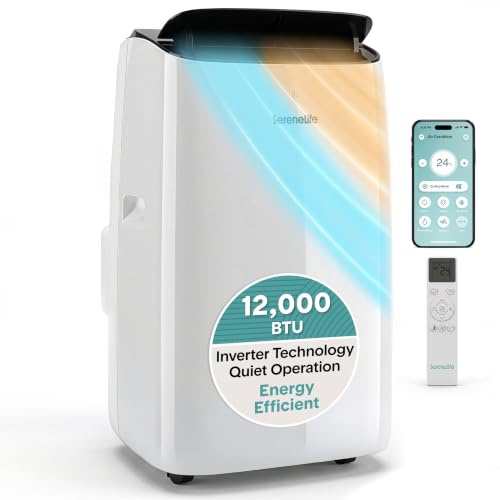 SereneLife Portable Air Conditioner 12000 BTU, Dual Hose Quiet Inverter Air Conditioning Unit with Heat, WiFi, Dehumidifier & Fan