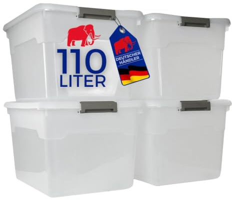 PROREGAL Aufbewahrungsbox mit Deckel 110L im 4er Set, XXL, Rollen, Plastikbox transparent stapelbar, Kunststoffbox Verschlussclips, Stapelbox Kunststoff, Aufbewahrungsbehälter für Küche Haushalt