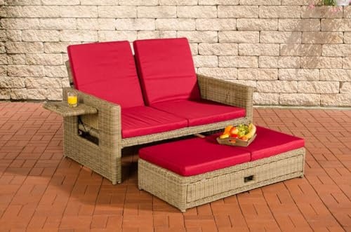 CLP Polyrattan 2er-Loungesofa Ancona 5mm I Rundrattan Garten-Sofa Mit Ausziehbarem Fußteil Und Verstellbarer Rückenlehne I, Farbe:Natur, Polsterfarbe:Rubinrot