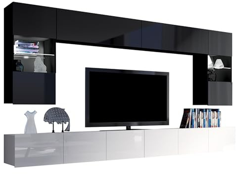 Moderne Wohnwand Calabrini I, Anbauwand Mediawand Hängevitrine TV Lowboard Wandregal Wohnzimmerschrank Fernsehschrank (mit weißer LED Beleuchtung, Schwarz + Schwarz Hochglanz / Weiß + Weiß Hochglanz)