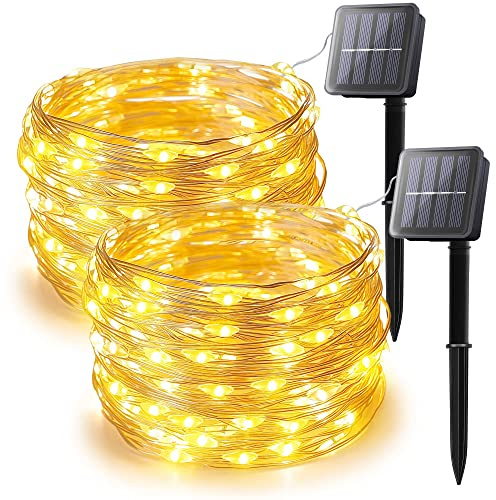 woohaha Solar String Lights,2 Pack 33FT 100 LED Solar Fairy Lights Outdoor Waterproof 8 Mode,Solar Twinkle Outdoor Light Decorative Copper Wire for Tree,Garden,Christmas,Patio,Home,Party(Warm White)