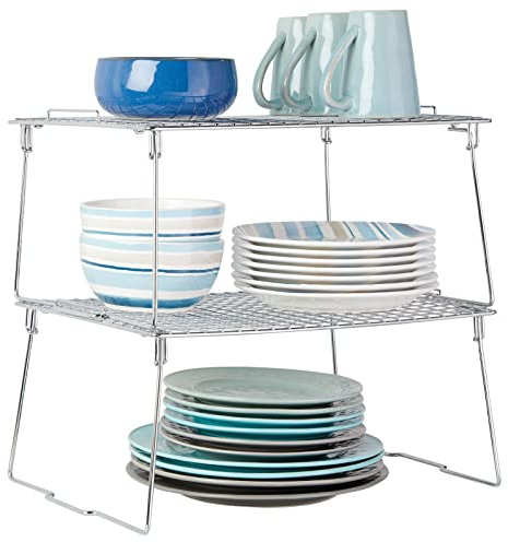 mDesign 2er-Set stapelbarer Regaleinsatz – faltbares Küchen Schrankregal mit ausklappbaren Beinen – moderner Schrankeinsatz für Geschirr, Konservendosen und Gewürze – silberfarben
