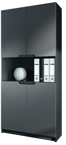 Vladon Büroschrank Logan V2, Made in Germany, Aktenschrank mit 5 Fächern und 4 Türen, Schwarz matt/Graphit seidenmatt (82 x 184 x 37 cm)