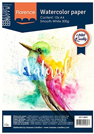 Florence Aquarellpapier Glatt - Zeichenblock für Aquarellfarben A4 - Weiß - Malblock für Wasserfarben - Künstlerbedarf und Scrabooking - 300 gsm