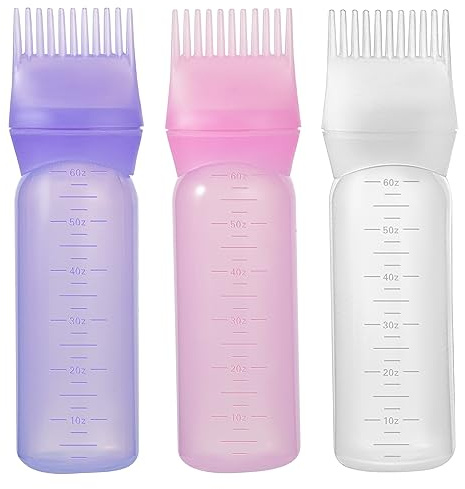 Pimoys Root Comb Applicator Bottle 6 Ounce Oil Applicator for Hair Dye, 3 Pack Hair Oiling Bottle Brush with Graduated Scale (Pink, Purple, White)