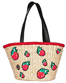 Becksöndergaard Raspy Reese Bag/Beige - Damen Korbtasche/Strandtasche klein aus Seegras - Erbeermotiv Lederhenkel Schwarz - 40 x 20 x 16 cm