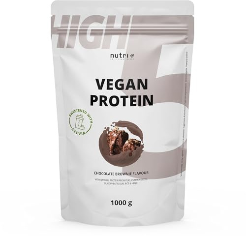 Nutri + vegan Protein Powder - Brownie de Chocolate - Proteína vegana en Polvo sin Sucralosa ni Soja - Proteínas de Arroz, Guisante, Cáñamo, Trigo sarraceno y Semillas de Calabaza - 1kg