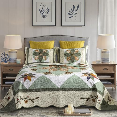 YAYIDAY Quilts Queen Size Patchwork Bedspread Set - 100% Cotton Reversible Breathable Green Earth Geometric Quilted Quilt with Pillow Shams for All Seasons