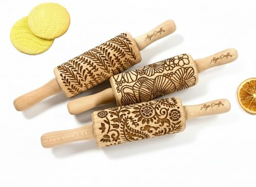 FLORAL 3 Small Textured Rolling Pinset. Wooden laser engraved embossing dough roller for embossed cookies gift for birthday, Easter, Christmas by Algis Crafts