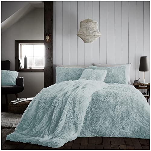 VELVETIO Teddy Bear Hug and Snug Duvet Set & Pillowcases, Fluffy Fur Fleece Bedding Quilt Cover, Super Soft Cuddle Sherpa warm Comforter Bedset, 3Pc King Size Duvets, Duck Egg
