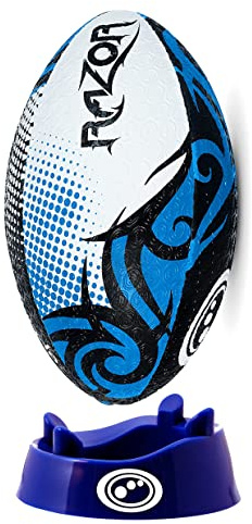 Optimum Razor Rugbyball – perfekt für Training und Gameplay, tolle Flug- und Luftrückhaltung, gummierte Oberfläche für Griffigkeit, 2-lagig, 410 g – Größe 5 – Schwarz/Blau – inklusive Kicking Tee