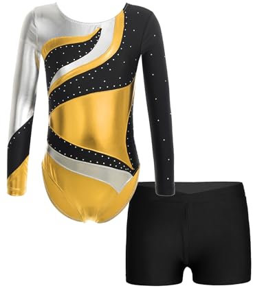 YOOJIA Kinder Mädchen Turnanzug Ballettanzug Gymnastikanzug Langarm Tanzbody Gymnastikbody Sporttrikot Mit Shorts Ballett Slip Turnen Training Sport A Gold 134-140